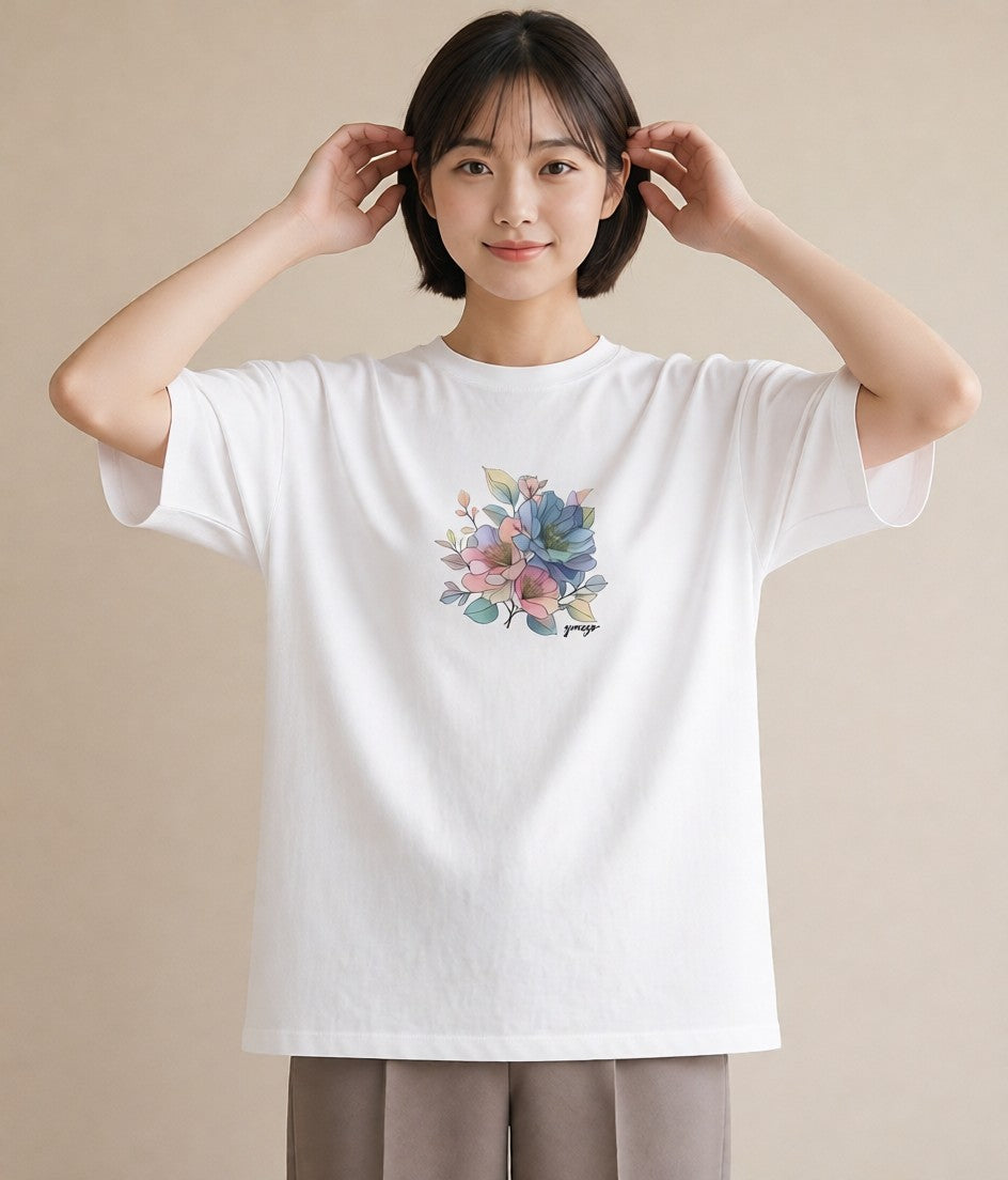 デザインTシャツ レディース あさがお 朝顔 花 花柄 イラスト シック 姉妹 送別ギフト 白T YMAZO