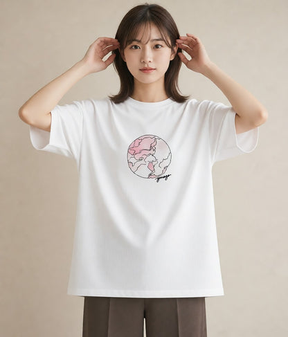 半袖Tシャツ レディース 月 星空 宇宙 イラスト ガーリー 通勤 在宅 白T YMAZO