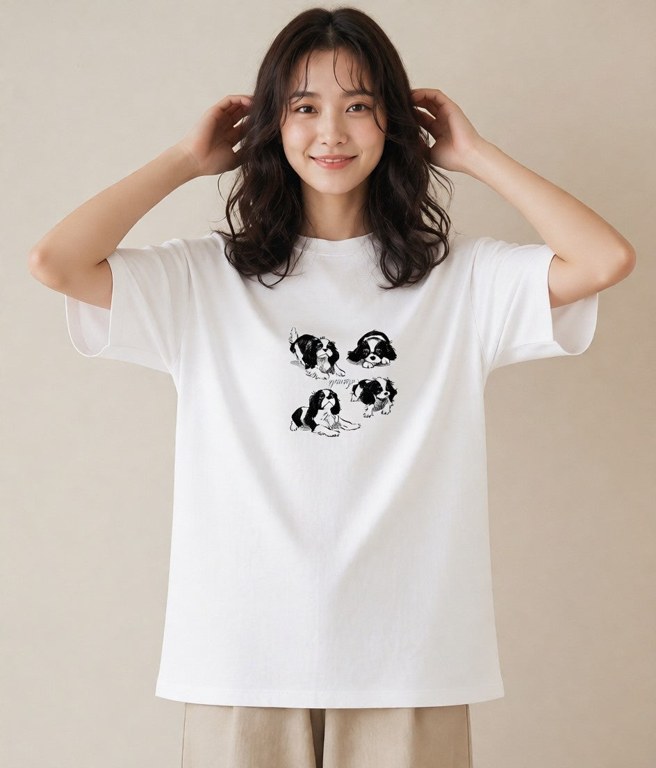 Tシャツ レディース キャバリア 犬 いぬ イラスト ミセス 春コーデ 白T YMAZO