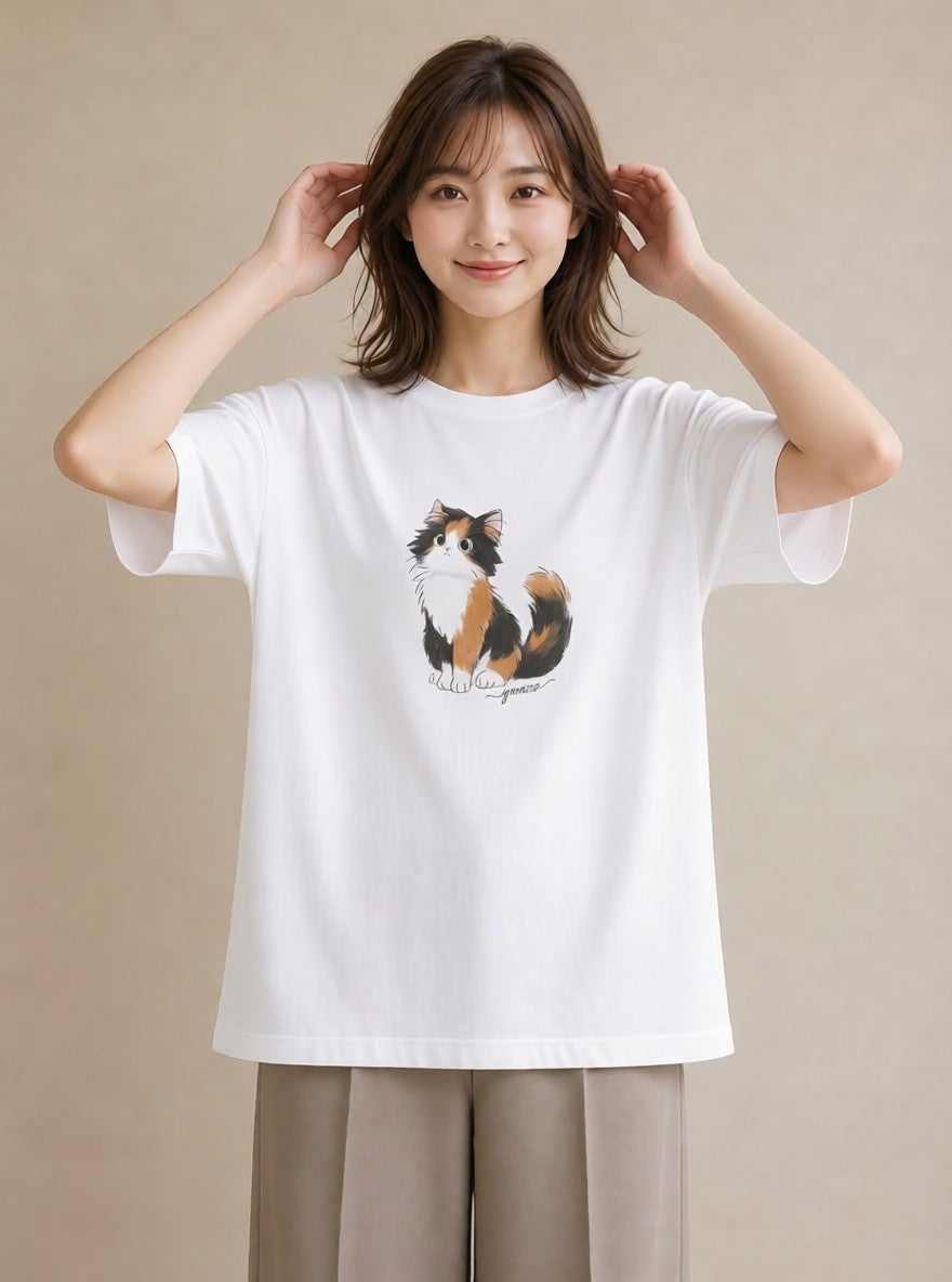 半袖Tシャツ レディース マンチカン 猫 ねこ イラスト 北欧風 敬老の日 ホワイトデー 白T YMAZO