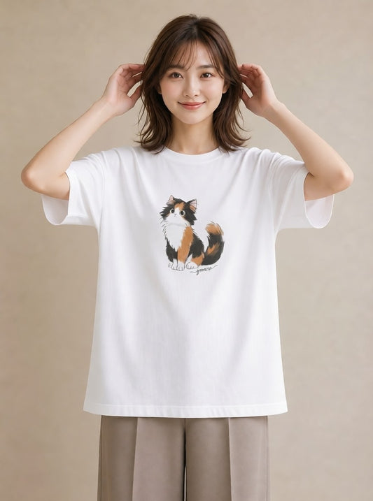 半袖Tシャツ レディース マンチカン 猫 ねこ イラスト 北欧風 敬老の日 ホワイトデー 白T YMAZO