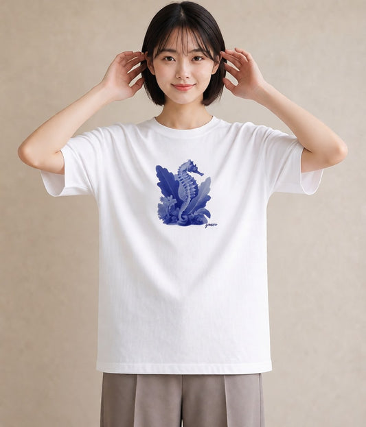 プリントTシャツ レディース タツノオトシゴ 海の生き物 海 イラスト お洒落 綿100 デート 白T YMAZO