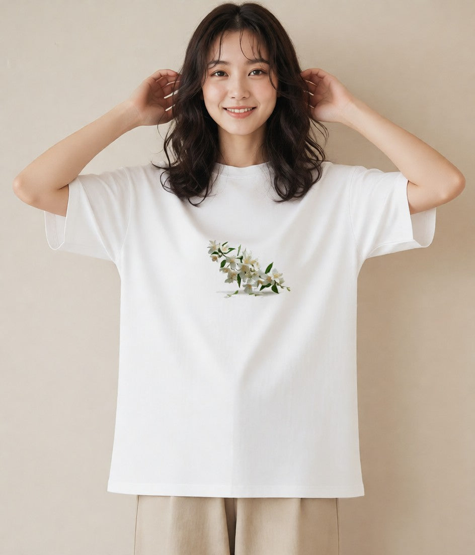 Tシャツ レディース 金木犀 花 花柄 イラスト ニュアンス 敬老の日 ホワイトデー 白T YMAZO