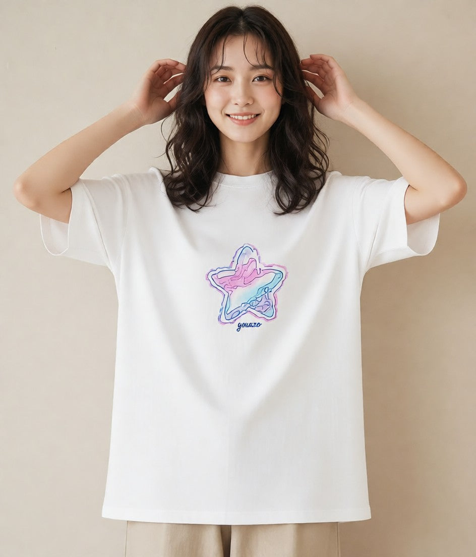 グラフィックTシャツ レディース 星 星空 宇宙 イラスト フェミニン 買い物 夏コーデ 白T YMAZO