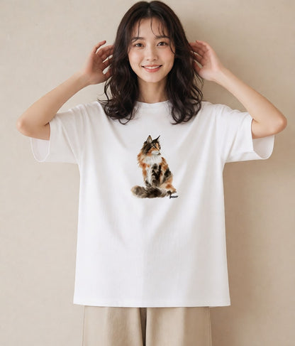 Tシャツ レディース おすわり猫 猫 ねこ イラスト カジュアル 公園 ママ 白T YMAZO