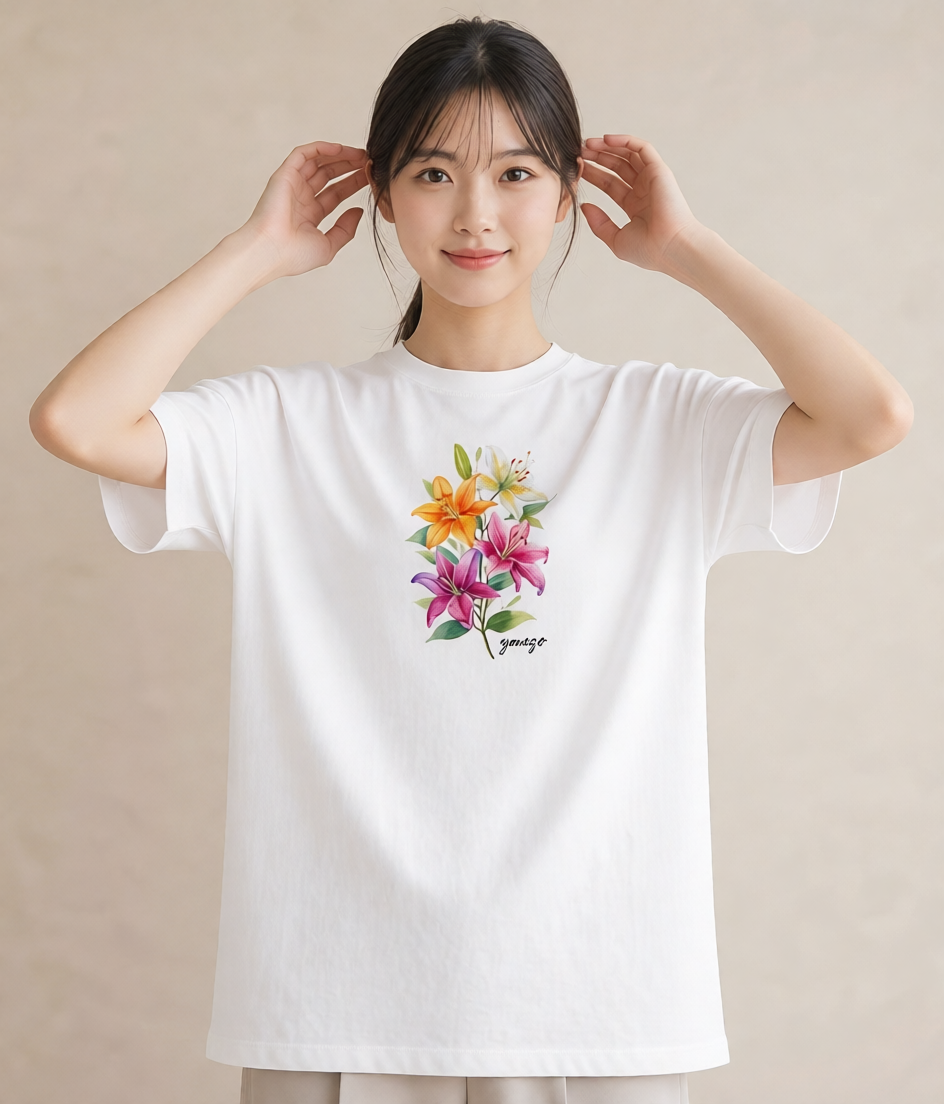 グラフィックTシャツ レディース ゆり 百合 花 花柄 イラスト カフェコーデ 旅行用 海 白T YMAZO