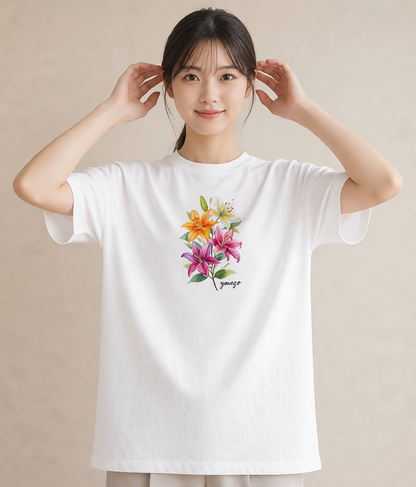 グラフィックTシャツ レディース ゆり 百合 花 花柄 イラスト カフェコーデ 旅行用 海 白T YMAZO