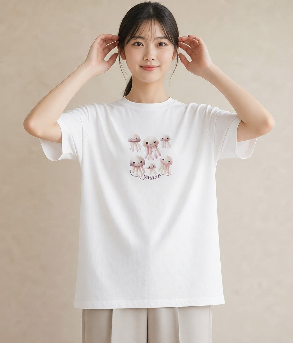 Tシャツ レディース くらげ クラゲ 海の生き物 海 イラスト きれいめカジュアル 公園 ママ 白T YMAZO