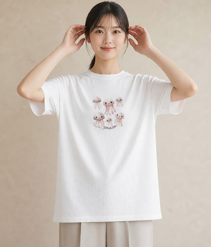 Tシャツ レディース くらげ クラゲ 海の生き物 海 イラスト きれいめカジュアル 公園 ママ 白T YMAZO