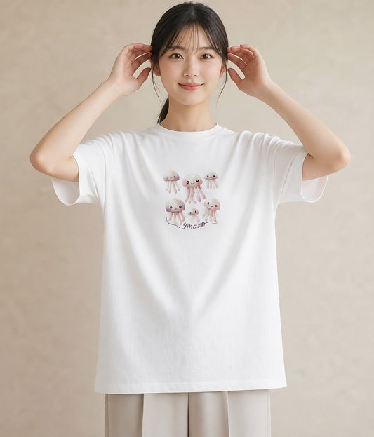 Tシャツ レディース くらげ クラゲ 海の生き物 海 イラスト きれいめカジュアル 公園 ママ 白T