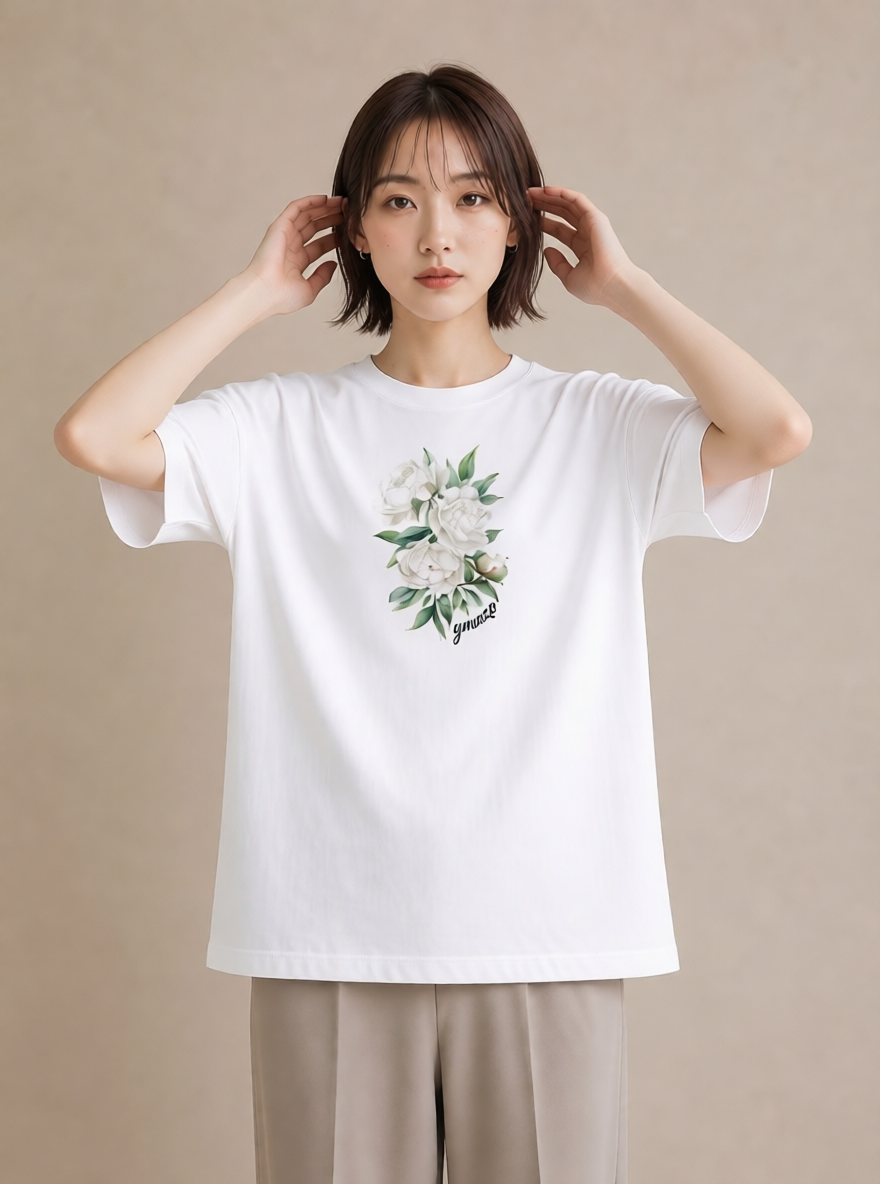 デザインTシャツ レディース 牡丹 花 花柄 イラスト 普段使い ペアコーデ 秋コーデ 白T