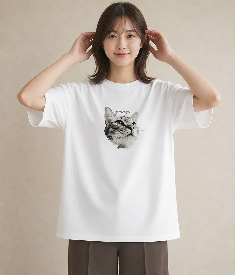 Tシャツ レディース 白猫 猫 ねこ イラスト 手描き風 デート 帰省 白T YMAZO