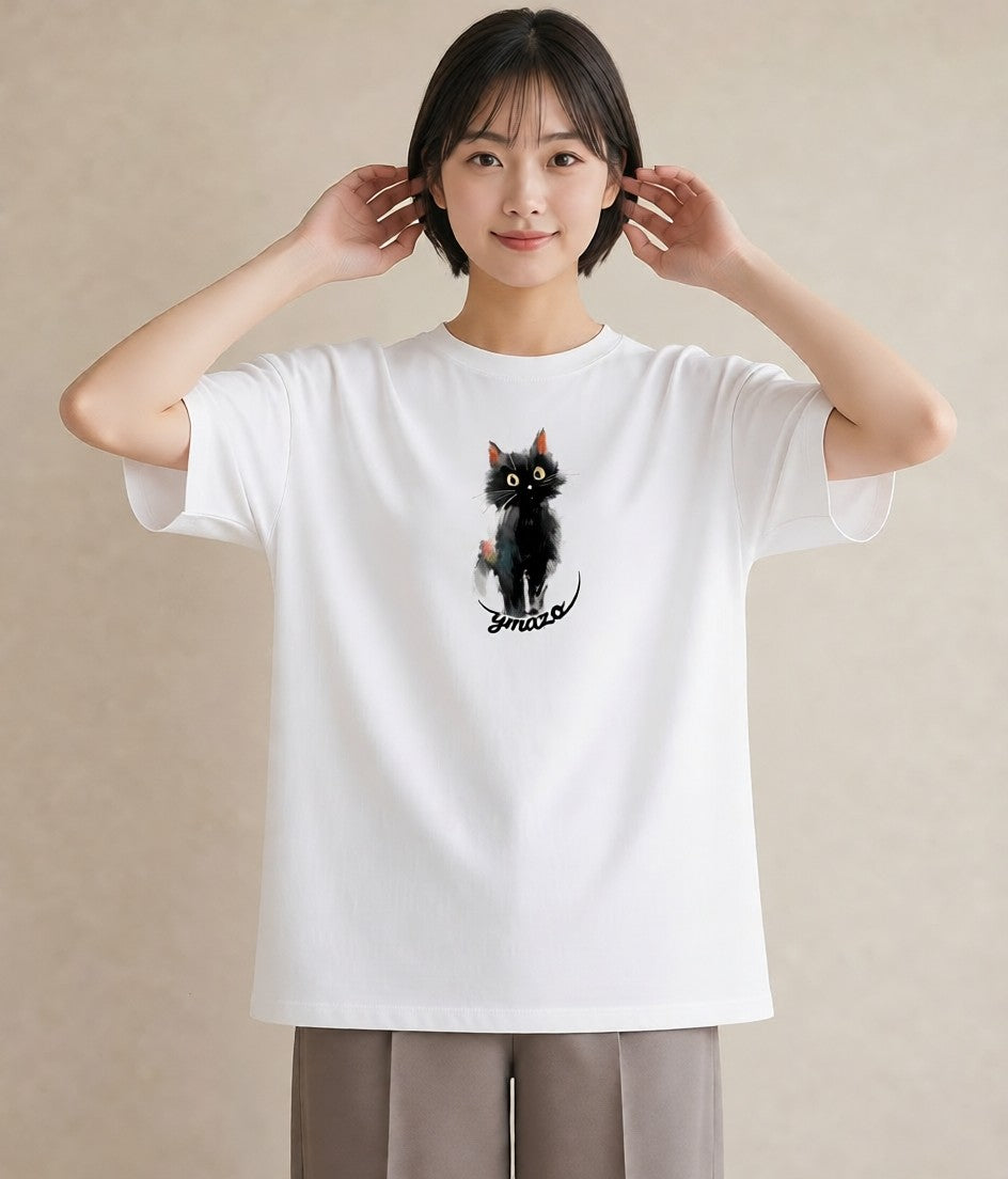グラフィックTシャツ レディース おすわり猫 猫 ねこ イラスト 線画 ペアコーデ 秋コーデ 白T YMAZO