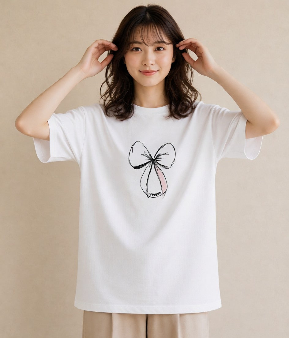 デザインTシャツ レディース リボン ボウ りぼん イラスト ゆるコーデ ビーチ デイリーウェア 白T YMAZO