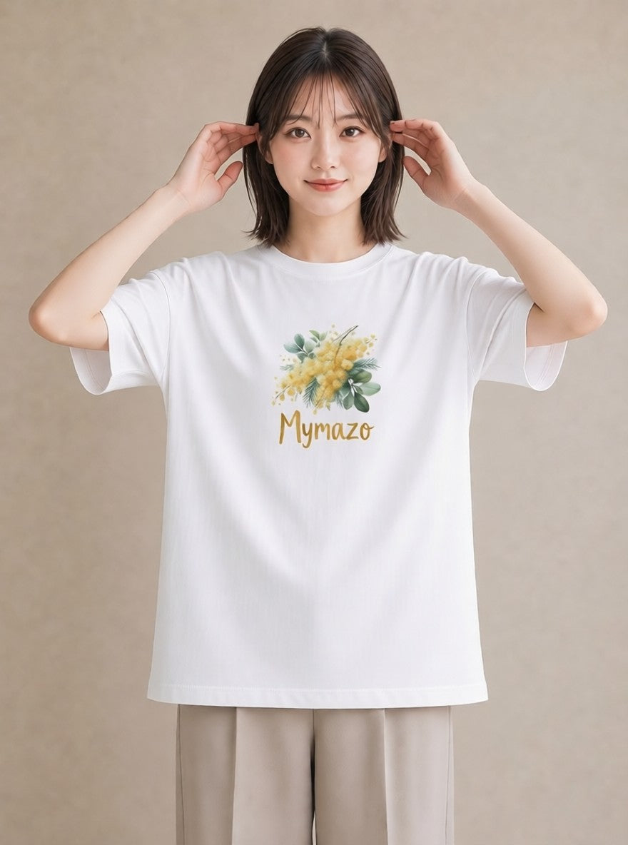 半袖Tシャツ レディース ミモザ 花 花柄 イラスト きれいめ 送別ギフト 通勤 白T YMAZO