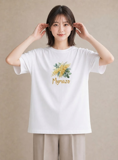 半袖Tシャツ レディース ミモザ 花 花柄 イラスト きれいめ 送別ギフト 通勤 白T YMAZO