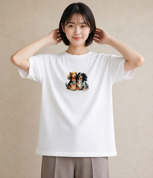 プリントTシャツ レディース ミニチュアダックスフンド 犬 いぬ イラスト ミニマル 海 カフェ巡り 白T YMAZO