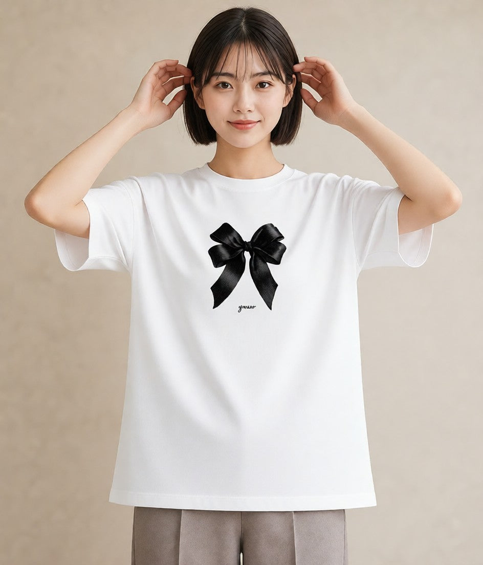 グラフィックTシャツ レディース リボン ボウ りぼん イラスト カフェコーデ お出かけ 普段着 白T YMAZO