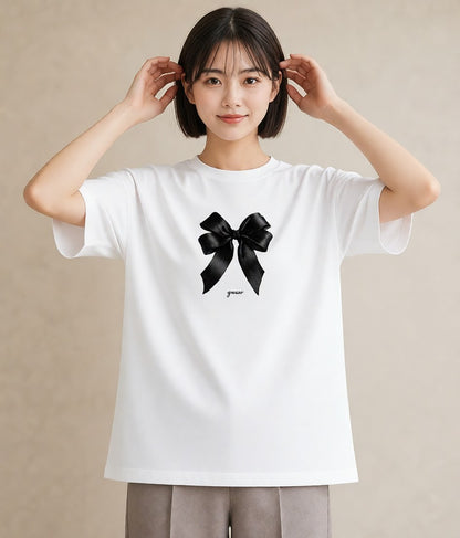 グラフィックTシャツ レディース リボン ボウ りぼん イラスト カフェコーデ お出かけ 普段着 白T YMAZO