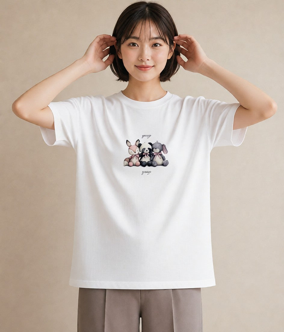 半袖Tシャツ レディース パンダ 動物 アニマル イラスト 水彩風 通勤 在宅 白T YMAZO