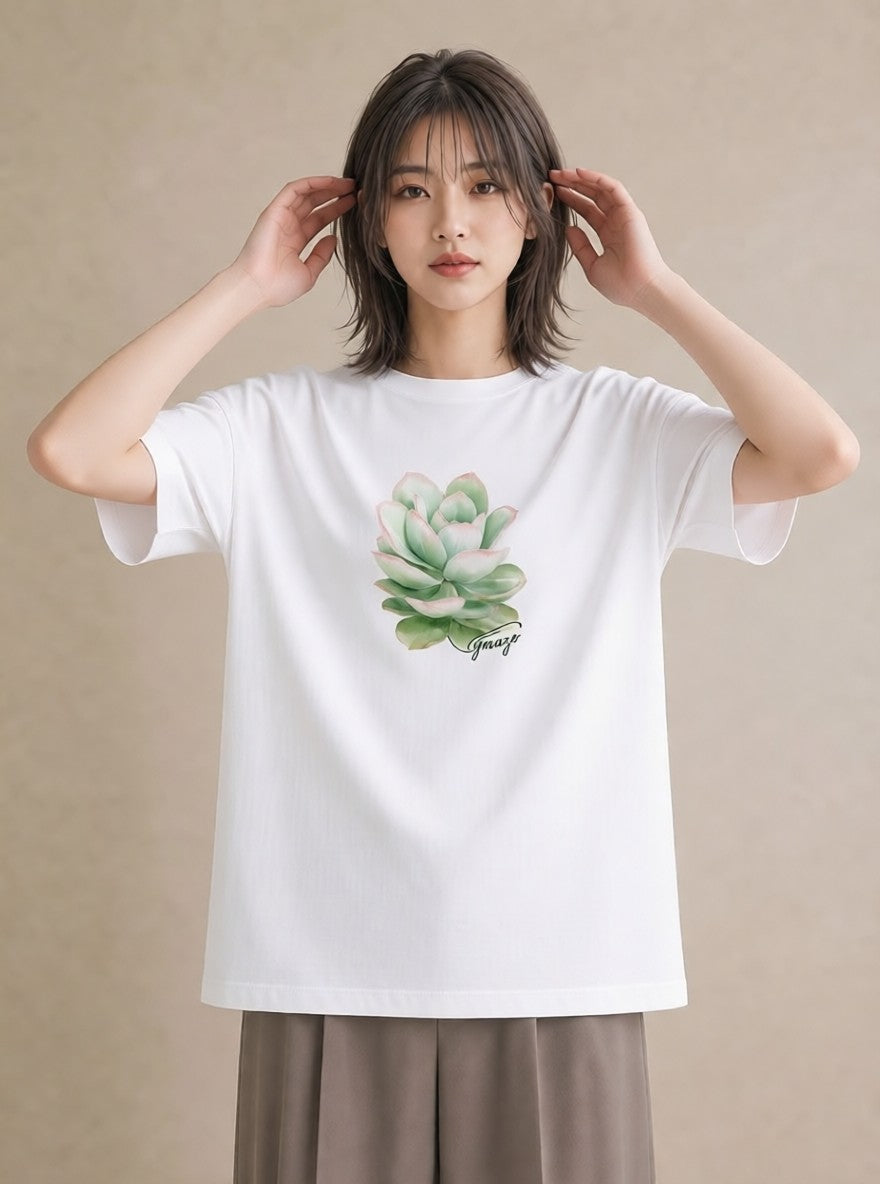 プリントTシャツ レディース 多肉植物 植物 ボタニカル イラスト 淡色 ビーチ デイリーウェア 白T YMAZO