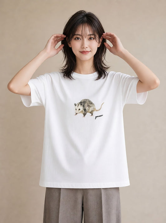 デザインTシャツ レディース リス ペット 動物 イラスト 淡色 綿100 デート 白T YMAZO