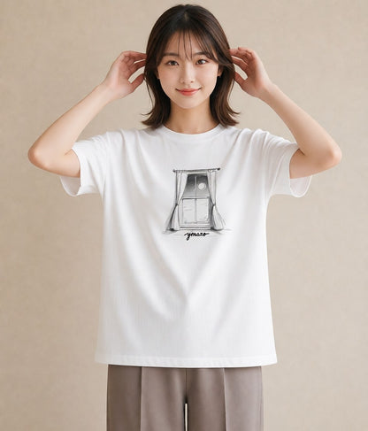 プリントTシャツ レディース 窓辺の雨 雨の日 窓 ナチュラル アンティーク イラスト ゆるコーデ 母娘コーデ 自分用 白T YMAZO