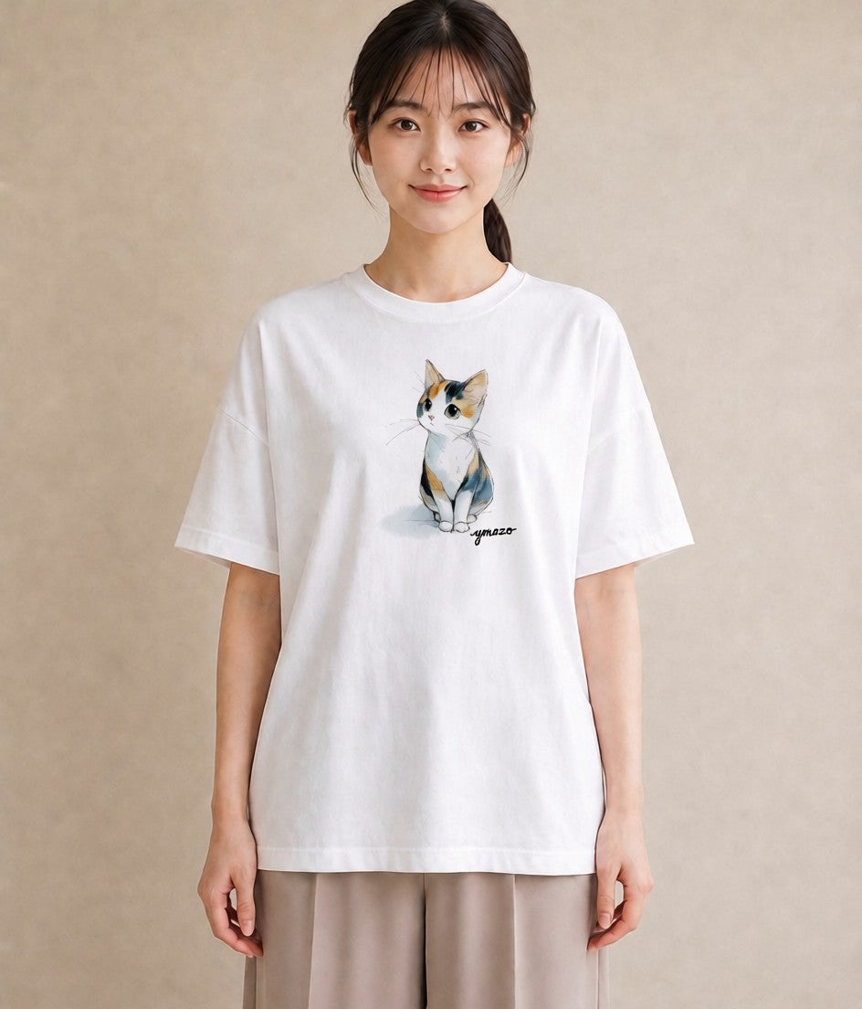 デザインTシャツ レディース ハチワレ 白黒猫 猫 ねこ イラスト カフェコーデ 女性 旅行用 白T YMAZO
