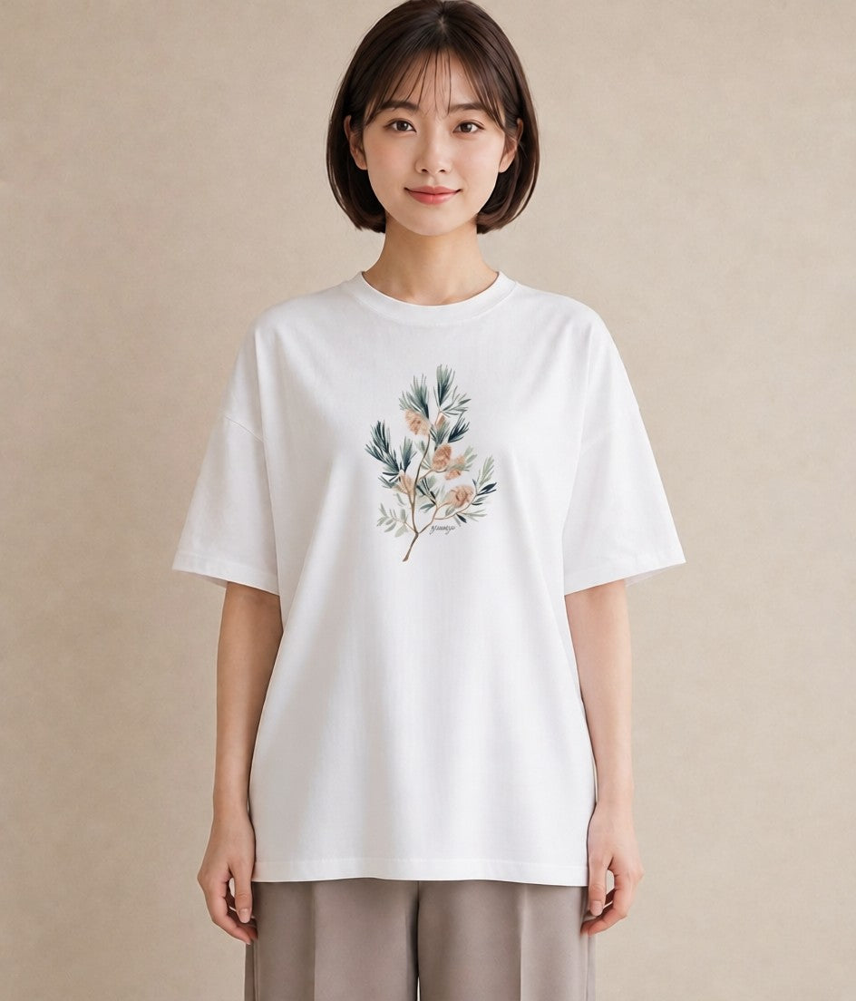 デザインTシャツ レディース 松ぼっくり 植物 ボタニカル イラスト 淡色 おしゃれギフト 社会人 白T YMAZO