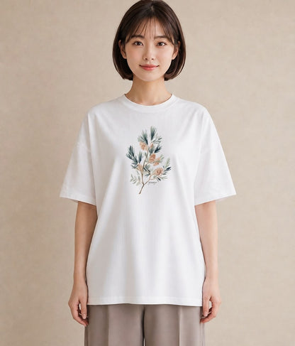 デザインTシャツ レディース 松ぼっくり 植物 ボタニカル イラスト 淡色 おしゃれギフト 社会人 白T YMAZO