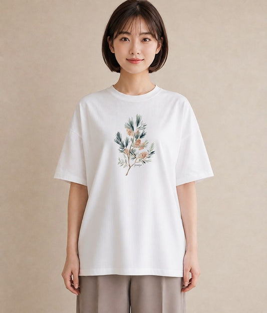 デザインTシャツ レディース 松ぼっくり 植物 ボタニカル イラスト 淡色 おしゃれギフト 社会人 白T YMAZO