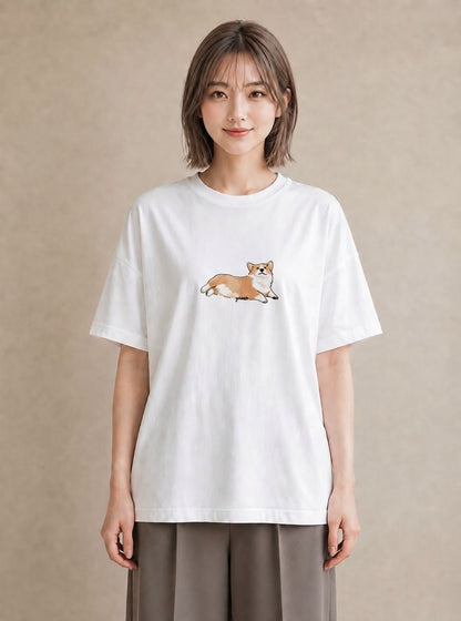 デザインTシャツ レディース ウェルシュコーギー コーギー 犬 いぬ イラスト 水彩風 在宅 公園 白T YMAZO