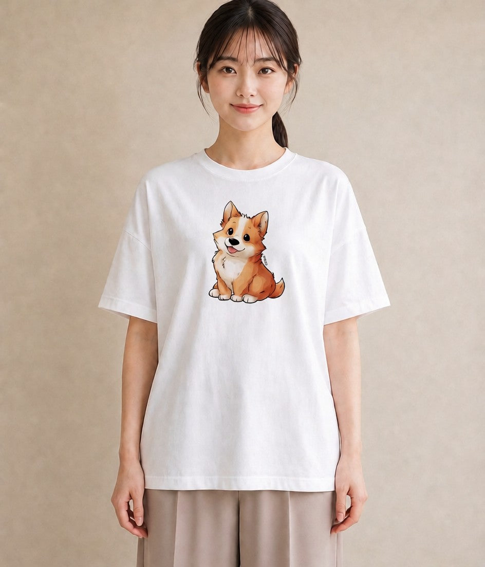 デザインTシャツ レディース ウェルシュコーギー コーギー 犬 いぬ イラスト レトロ 普段着 週末コーデ 白T YMAZO