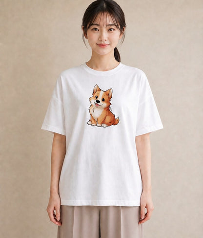 デザインTシャツ レディース ウェルシュコーギー コーギー 犬 いぬ イラスト レトロ 普段着 週末コーデ 白T YMAZO