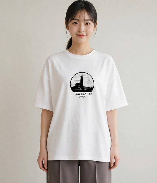 デザインTシャツ レディース 灯台 霧 海 ナチュラル アンティーク イラスト 個性的 在宅 公園 白T