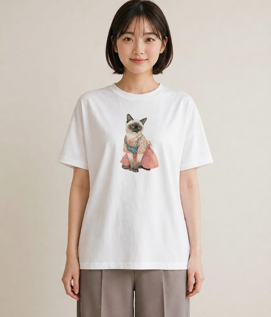 Tシャツ レディース おすわり猫 猫 ねこ イラスト 旅行コーデ ペアコーデ 秋コーデ 白T YMAZO