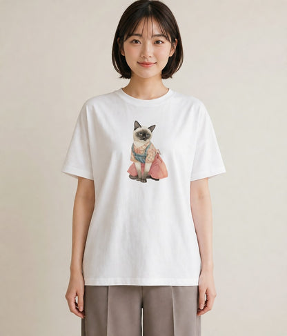 Tシャツ レディース おすわり猫 猫 ねこ イラスト 旅行コーデ ペアコーデ 秋コーデ 白T YMAZO