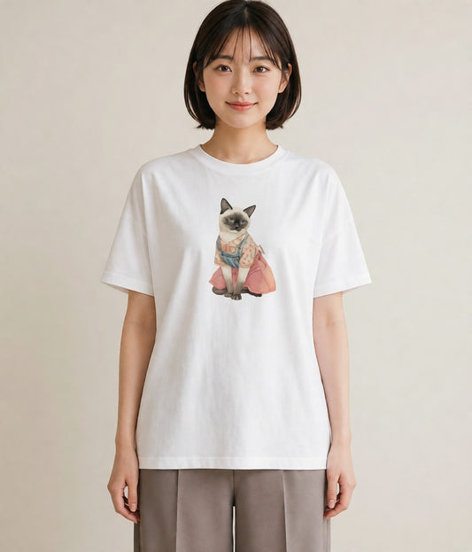 Tシャツ レディース おすわり猫 猫 ねこ イラスト 旅行コーデ ペアコーデ 秋コーデ 白T YMAZO