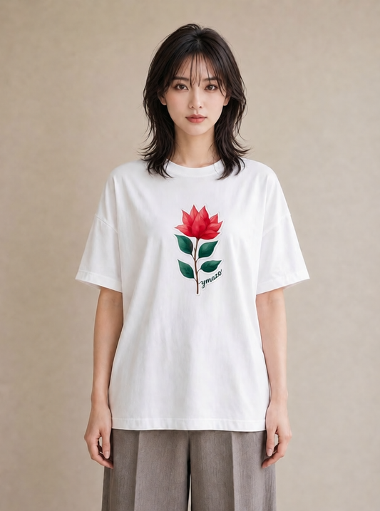 半袖Tシャツ レディース 椿 花 花柄 イラスト きれいめカジュアル おしゃれギフト 社会人 白T YMAZO