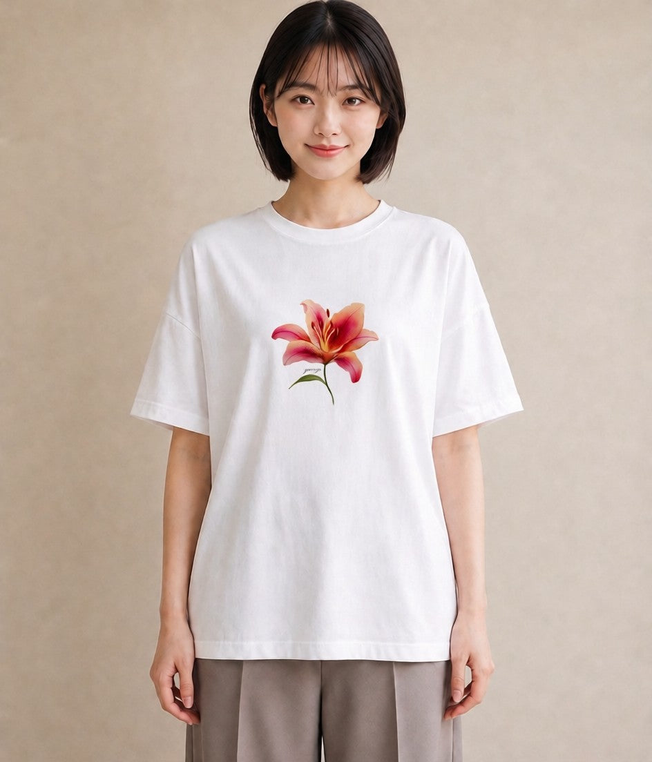 半袖Tシャツ レディース 彼岸花 花 花柄 イラスト ラフ カジュアルコーデ 買い物 白T YMAZO