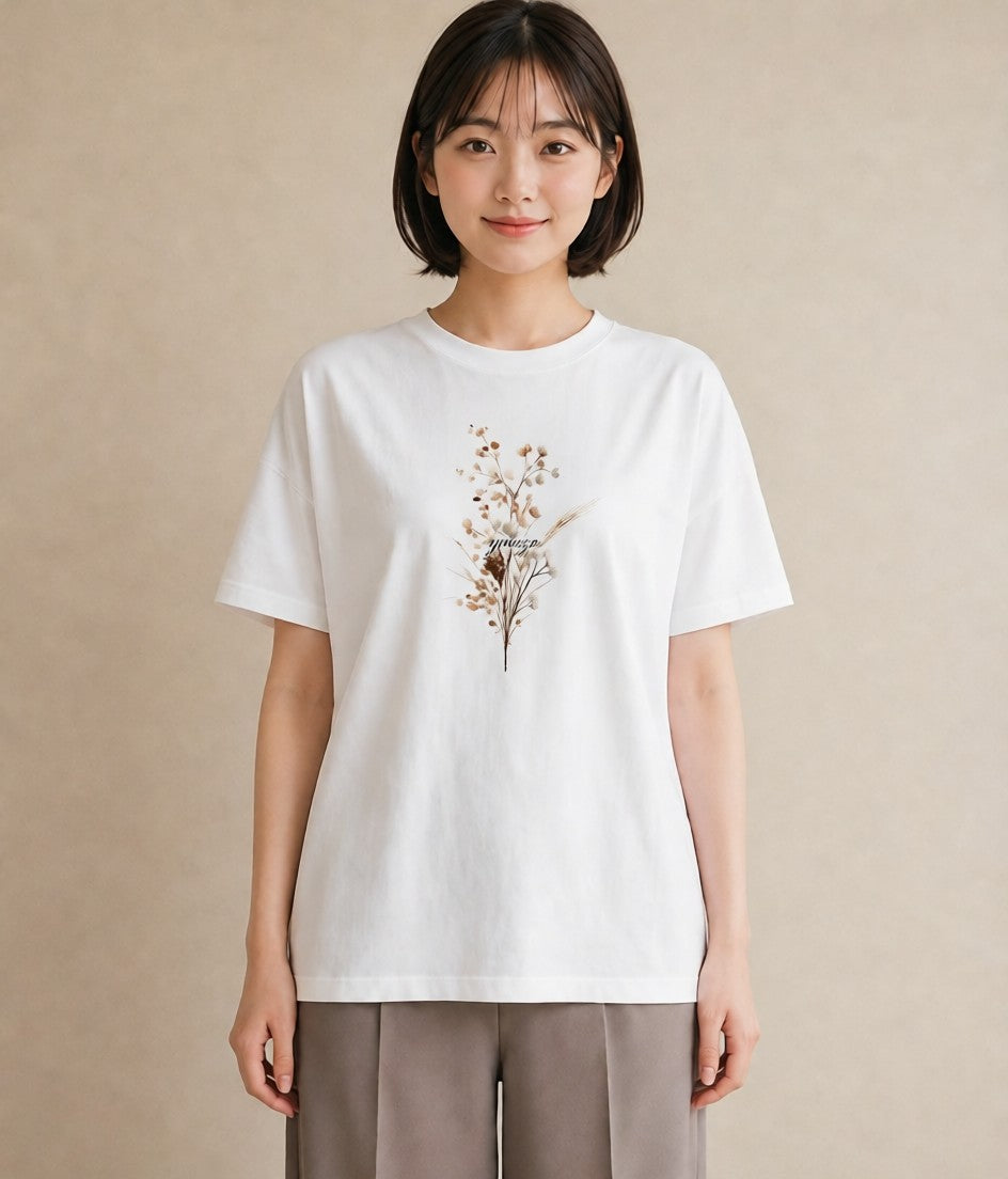 Tシャツ レディース ガラス瓶 小枝 ボタニカル ナチュラル アンティーク イラスト アート風 女性向けギフト 散歩 白T YMAZO