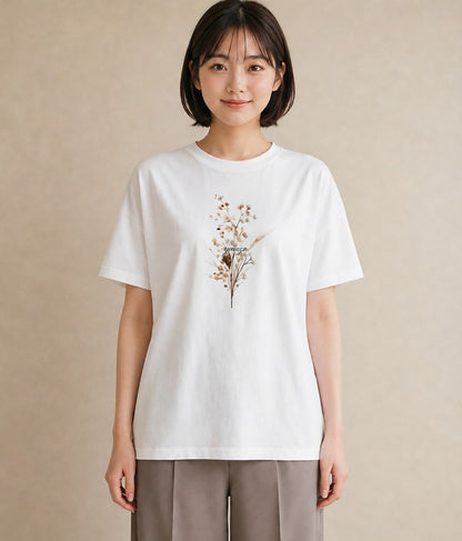 Tシャツ レディース ガラス瓶 小枝 ボタニカル ナチュラル アンティーク イラスト アート風 女性向けギフト 散歩 白T YMAZO