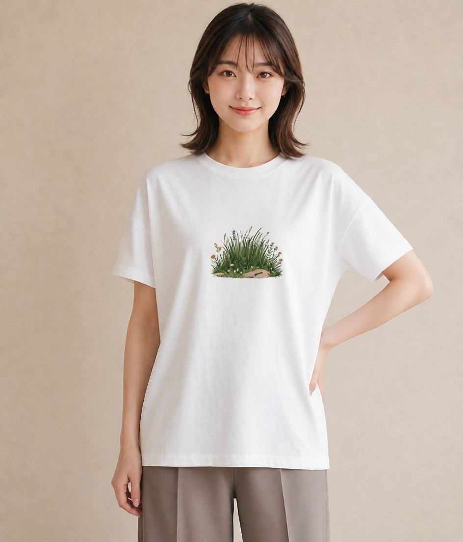 デザインTシャツ レディース 芝生 植物 ボタニカル イラスト カフェ巡り 女子会 白T YMAZO