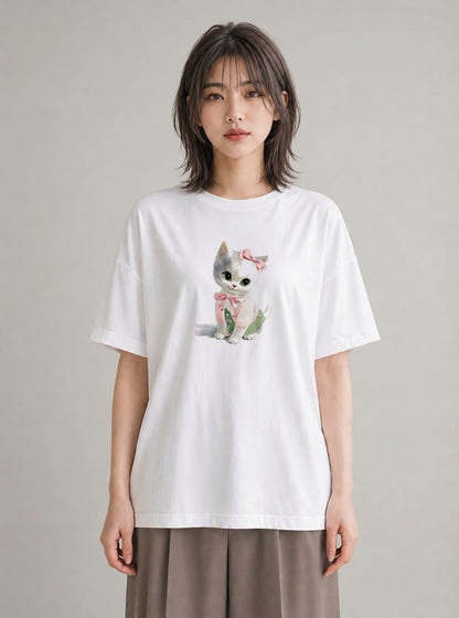 デザインTシャツ レディース 子猫 猫 ねこ イラスト 水彩風 自分用 ルームウェア 白T YMAZO