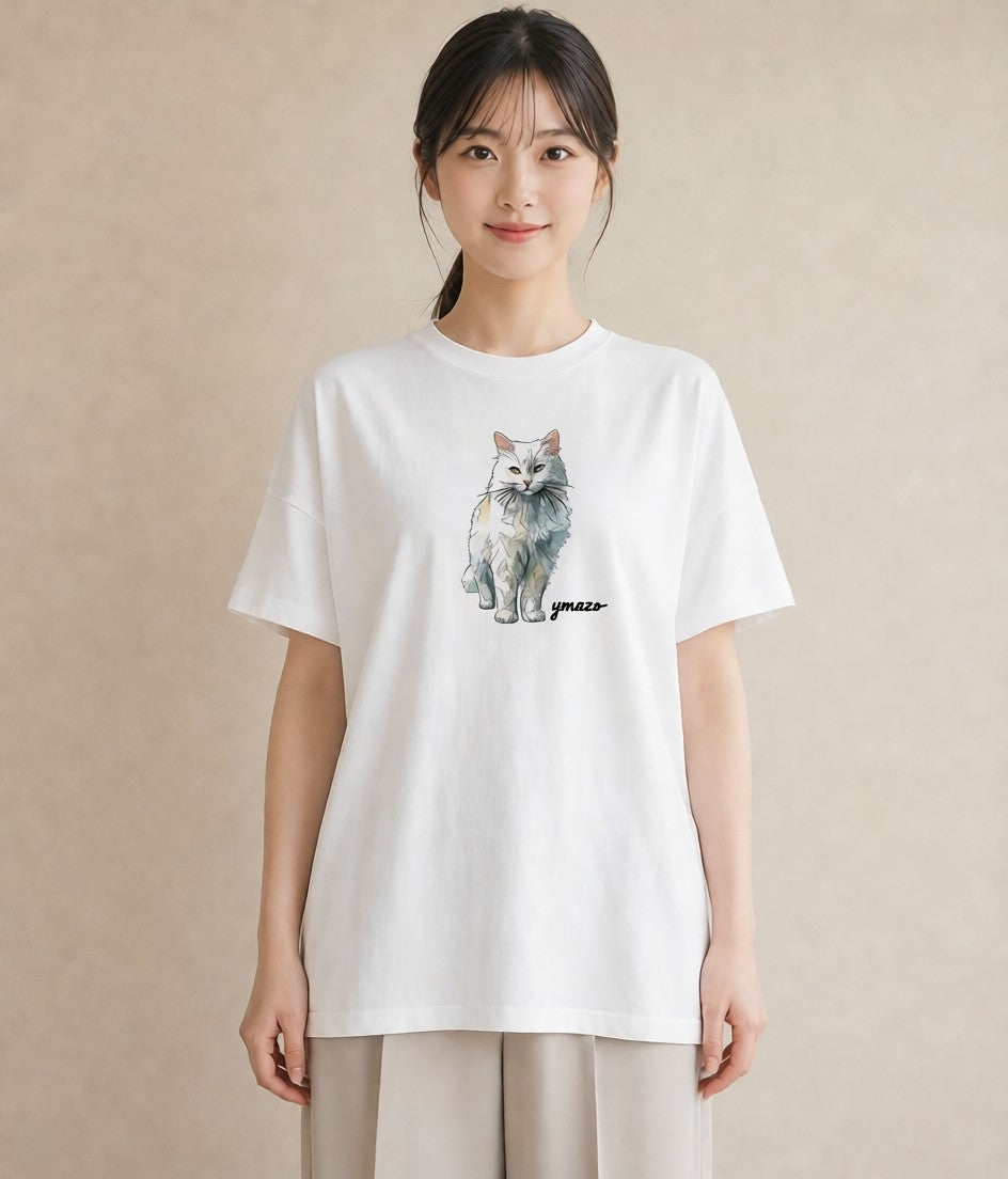 Tシャツ レディース ねこ 猫 ネコ イラスト ラフカジュアル デイリーウェア 休日 白T YMAZO