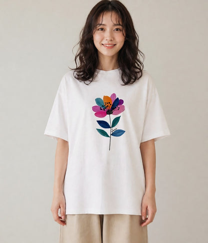 Tシャツ レディース スミレ 花 花柄 イラスト シンプル 海 カフェ巡り 白T YMAZO