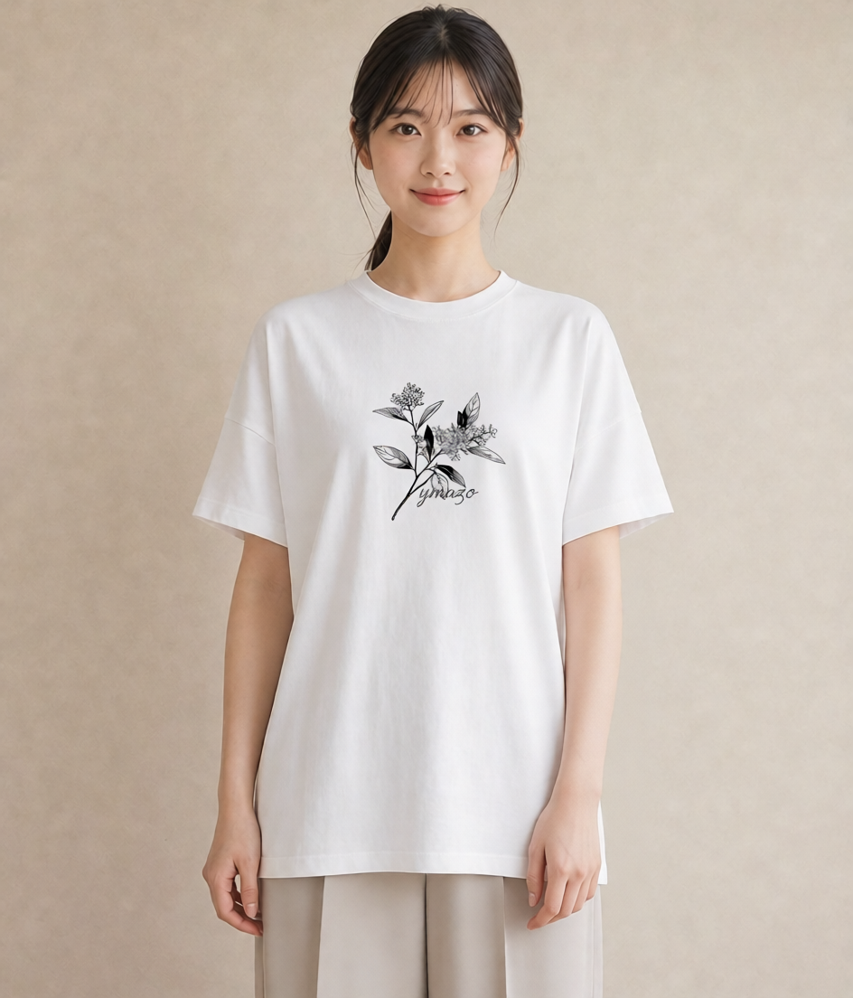 グラフィックTシャツ レディース 金木犀 花 花柄 イラスト こなれ感 夏コーデ 通学 白T
