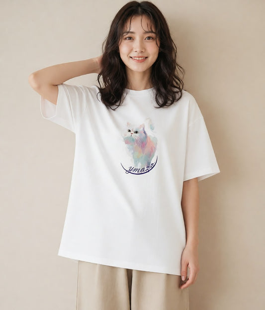 デザインTシャツ レディース 三毛猫 みけねこ 三毛 猫 ねこ イラスト シンプル ペアコーデ 秋コーデ 白T YMAZO