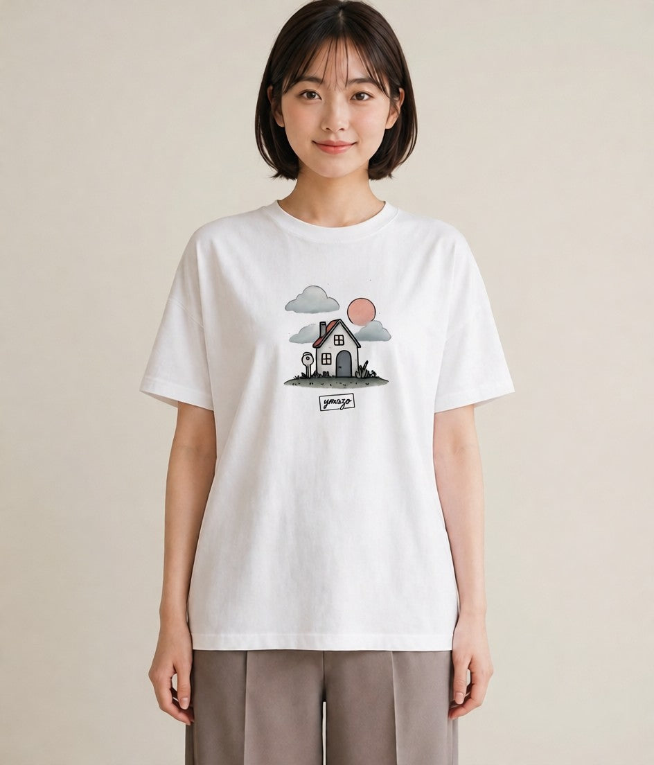 Tシャツ レディース 灯りの家 小屋 夜 ナチュラル アンティーク イラスト モード 部屋着 女性向けギフト 白T YMAZO