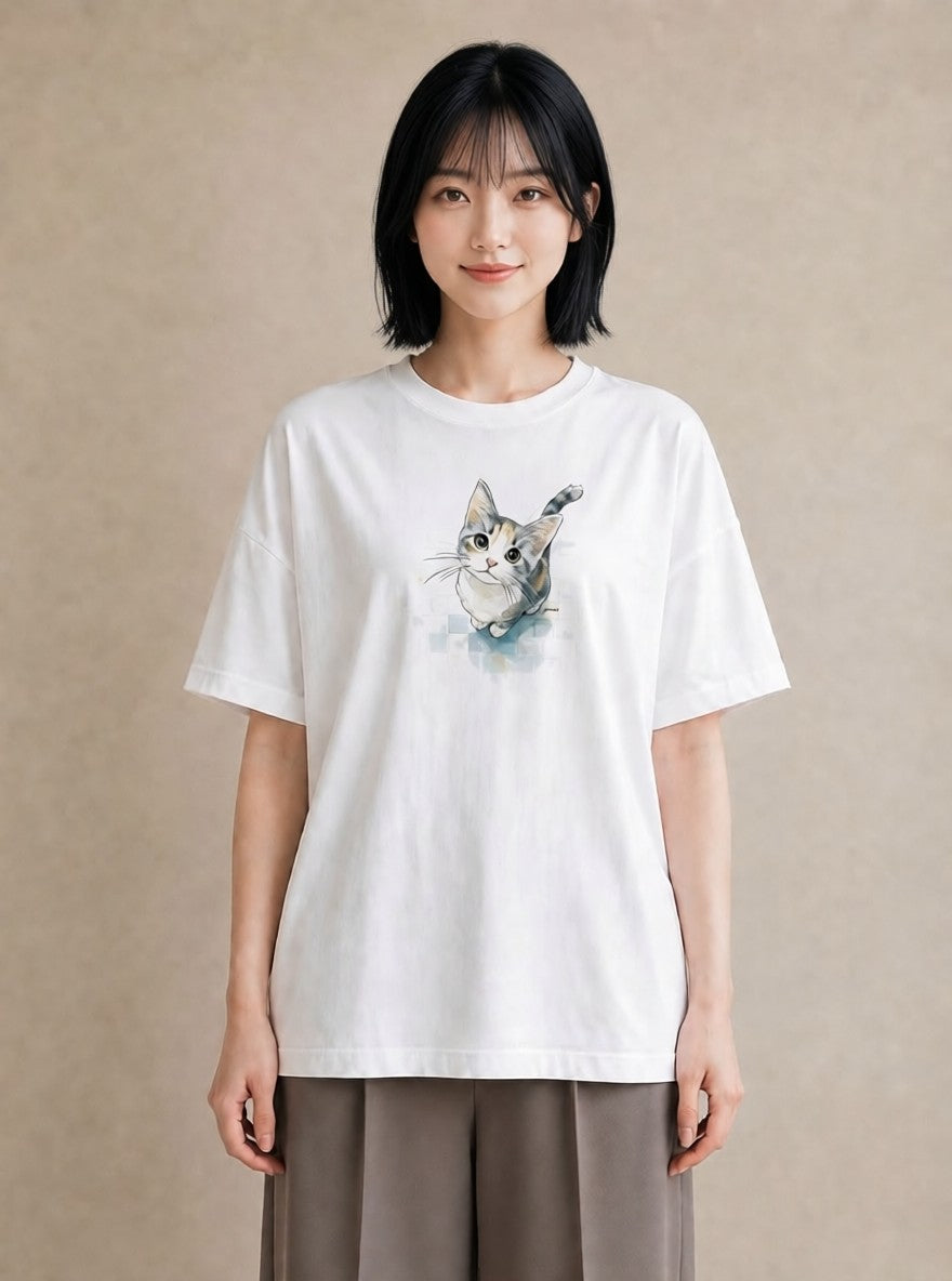 グラフィックTシャツ レディース サビ猫 猫 ねこ イラスト 上品 海 カフェ巡り 白T YMAZO